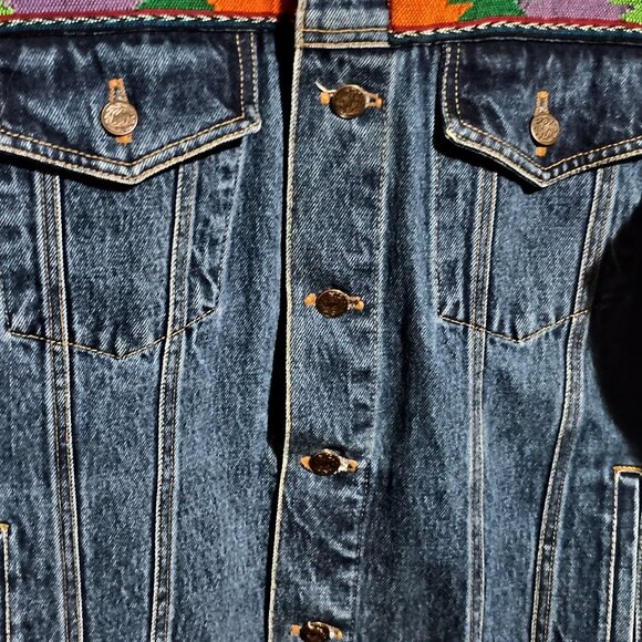 Maya Jones Import Women Blue Denim Jacket Size Large Southwest Aztec Design - Picture 6 of 15
